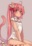  ahoge animal_ears bangs bare_legs barefoot bell between_legs blush bow breasts cat_ears cat_tail china_dress chinese_clothes closed_mouth dress eyebrows eyebrows_visible_through_hair grey_background hair_bell hair_bow hair_ornament hand_between_legs long_hair looking_at_viewer mokoke original pink_hair red_bow red_eyes short_sleeves simple_background sitting small_breasts solo tail very_long_hair wariza 