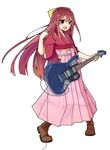  :d boots brown_eyes brown_hair cross-laced_footwear electric_guitar fender_jaguar guitar hakama highres instrument japanese_clothes kamikaze_(kantai_collection) kantai_collection kimono lace-up_boots long_hair meiji_schoolgirl_uniform open_mouth pink_hakama plectrum smile solo tasuki tomojo v-shaped_eyebrows very_long_hair 