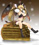 big_breasts blonde_hair blue_eyes blush breasts cleavage clothed clothing demon elbow_gloves female food gloves hair humanoid long_hair membranous_wings micro not_furry pose senbi_(artist) sitting skimpy solo spade_tail succubus voluptuous wings 