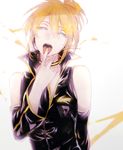  1boy artist_name bare_shoulders blonde_hair blue_eyes choker detached_sleeves eyelashes half-closed_eyes kagamine_len licking male_focus nail_polish open_mouth project_diva project_diva_2nd saegome saliva saliva_trail short_ponytail simple_background sleeveless_shirt solo tongue tongue_out upper_body v-neck vocaloid white_background yellow_nails 