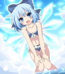 :d bent_over bikini blue_bikini blue_eyes blue_hair blue_sky blush cirno cloud do_(4-rt) dutch_angle fang hair_ribbon highres ice ice_wings looking_at_viewer midriff navel open_mouth ribbon short_hair sky smile solo swimsuit touhou wading water wet wings 