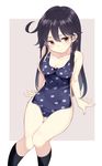  ahoge black_hair blue_swimsuit breasts cleavage clothes_in_front covering highres kantai_collection kengorou_saemon_ii_sei kneehighs knees_together_feet_apart large_breasts long_hair looking_away nude nude_cover one-piece_swimsuit polka_dot polka_dot_swimsuit sideboob solo swimsuit swimsuit_removed ushio_(kantai_collection) 