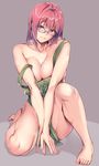  apron arato_hisako bangs bare_shoulders barefoot breast_squeeze breasts brown_eyes cleavage collarbone error full_body glasses grey_background head_tilt knee_up large_breasts looking_at_viewer naked_apron nanao_(mahaya) nervous_smile pink_hair purple-framed_eyewear shokugeki_no_souma sitting solo sweat thighs toenails v_arms wrong_feet 