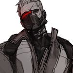  bodysuit broken_mask covered_mouth face_mask gep jacket looking_at_viewer male_focus mask overwatch scar scar_across_eye simple_background soldier:_76_(overwatch) solo spot_color torn_bodysuit torn_clothes upper_body visor white_background 