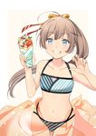  ahoge bare_shoulders bikini blue_eyes blush brown_hair collarbone commentary_request crepe food food_wrapper fruit hair_ribbon kantai_collection kazagumo_(kantai_collection) long_hair looking_at_viewer navel open_mouth ponytail ribbon smile solo striped striped_bikini swimsuit tsurime ume_(plumblossom) 