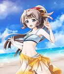  bangs bare_arms bare_shoulders beach bikini brown_hair cloud commentary_request cowboy_shot day diffraction_spikes eyebrows eyebrows_visible_through_hair hair_ribbon horizon kantai_collection kazagumo_(kantai_collection) long_hair navel ocean open_mouth outdoors polka_dot ponytail ribbon round_teeth sarong see-through silver_eyes sky solo sparkle striped striped_bikini swimsuit teeth tk8d32 tsurime water 