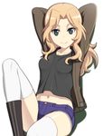  arms_behind_head blonde_hair blue_eyes caryo denim denim_shorts girls_und_panzer jacket kay_(girls_und_panzer) long_hair looking_at_viewer midriff military military_uniform nanashino navel saunders_military_uniform shorts sitting smile solo thighhighs uniform 