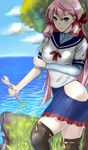  adjustable_wrench akashi_(kantai_collection) ass bad_id bad_pixiv_id bandana blue_skirt blush breasts commentary_request green_eyes hair_ribbon hip_vent kantai_collection long_hair long_sleeves looking_at_viewer miniskirt ocean pink_hair pleated_skirt ribbon school_uniform serafuku shi_zao skirt smile solo thighhighs tress_ribbon wrench 