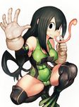  asui_tsuyu bare_shoulders black_eyes black_hair black_legwear blush boku_no_hero_academia bow_by_hair breasts brown_gloves cameltoe cleavage closed_mouth covered_navel covered_nipples fumio_(rsqkr) gloves hair_rings index_finger_raised large_breasts long_hair long_tongue low-tied_long_hair outstretched_arm palms simple_background skindentation smile solo spread_fingers squatting thick_thighs thighhighs thighs tongue tongue_out very_long_hair very_long_tongue white_background 