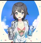  :d beer_can bikini_top black_hair blue_eyes blue_sky blush can cloud collarbone day hayasui_(kantai_collection) jacket kantai_collection long_sleeves looking_at_viewer open_clothes open_jacket open_mouth short_hair silver_eyes sky smile solo tenrai track_jacket zipper 