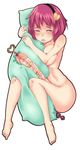  1girl artist_request beads breasts empty_eyes futanari hairband hug komeiji_satori large_penis looking_at_viewer nude object_insertion open_mouth penis pillow pink_hair short_hair simple_background tagme touhou urethral_beads urethral_insertion white_background 