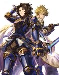  armor back-to-back bad_id bad_pixiv_id black_hair blonde_hair brown_gloves dutch_angle from_below gloves granblue_fantasy green_eyes holding holding_weapon lancelot_(granblue_fantasy) long_hair looking_at_viewer multiple_boys routo simple_background smile sword vane_(granblue_fantasy) weapon white_background 