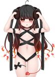  absurdres ahoge armpits ass_visible_through_thighs bad_id bad_pixiv_id black_hair black_sclera blush bondage_outfit bow breasts chestnut_mouth commentary demon_horns demon_tail eyebrows eyebrows_visible_through_hair gradient_hair heart highres holding horns long_hair mapar multicolored_hair navel original red_eyes simple_background skindentation small_breasts solo tail thigh_gap thigh_strap white_background 