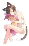 animal_ears bad_id bad_pixiv_id bare_shoulders blush brown_hair cat_ears cat_tail closed_eyes cropped_legs lying object_hug on_back original short_hair simple_background sleeping solo stuffed_toy tail u_(mikaduki0720) white_background 