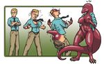  anthro anymouse1968 breasts butt claws clothing covering covering_crotch eyewear female gender_transformation glasses human lizard male mammal nipples nude reptile scalie surprise torn_clothing transformation 