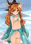  absurdres arms_behind_back bangs blue_cape blue_eyes blush bow cape closed_mouth collarbone cowboy_shot eyebrows eyebrows_visible_through_hair flower flying_sweatdrops granblue_fantasy hair_flower hair_ornament hairband highres long_hair looking_to_the_side muoto navel no_panties nose_blush orange_hair parted_bangs pussy pussy_juice sara_(granblue_fantasy) smile solo standing stomach sweat white_bow 
