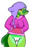  blush bottomless canine clothed clothing fur green_fur hair invalid_color jellymouse mammal no_underwear purple_hair pussy red_eyes spots tagme wolf 