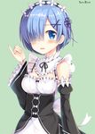  :d bad_id bad_pixiv_id black_dress blue_eyes blue_hair blush breasts circle_name commentary_request detached_sleeves dress eyebrows_visible_through_hair eyes_visible_through_hair face frills green_background hair_ornament hair_over_one_eye looking_at_viewer maid maid_headdress medium_breasts open_mouth pinky_out re:zero_kara_hajimeru_isekai_seikatsu rem_(re:zero) ribbon short_hair simple_background smile solo sousouman upper_body x_hair_ornament 