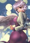  artist_name ass bangs blurry bokeh braid breasts clenched_hand cowboy_shot depth_of_field eyebrows eyebrows_visible_through_hair feathered_wings feathers flower jacket kishin_sagume large_breasts long_sleeves looking_at_viewer looking_back open_clothes open_jacket own_hands_together parted_lips purple_skirt red_eyes short_hair signature single_wing skin_tight skirt skirt_set solo sparkle touhou umigarasu_(kitsune1963) white_hair white_wings wide_hips wings 