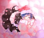  black_capelet blue_eyes blue_hair blush capelet commentary doremy_sweet dream_soul dress english_commentary hat highres long_sleeves looking_to_the_side natsu-ky nightcap one_eye_closed pom_pom_(clothes) short_hair smile solo touhou zzz 