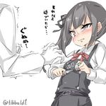  1girl admiral_(kantai_collection) bangs belt black_hair black_ribbon blush brown_eyes closed_mouth collared_shirt cowboy_shot crime_prevention_buzzer dress ebifurya eyebrows eyebrows_visible_through_hair hair_ribbon highres holding kantai_collection kasumi_(kantai_collection) long_hair long_sleeves looking_at_another neck_ribbon pinafore_dress red_ribbon remodel_(kantai_collection) ribbon shirt side_ponytail simple_background solo_focus sweatdrop translated trembling twitter_username white_background white_shirt 