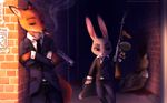  4_fingers anthro blood canine cigarette clothed clothing crossed_arms detailed_background disney female fox fur gun hair hare judy_hopps lagomorph long_ears male mammal neytirix nick_wilde purple_eyes rabbit ranged_weapon smoke standing suit weapon zootopia 