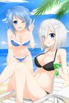  beach beach_chair bikini black_bikini blue_bikini blue_eyes blue_hair breasts cloud day double_bun eyes_visible_through_hair food hair_ornament hair_over_one_eye hairclip hamakaze_(kantai_collection) hat highres ice_cream ice_cream_float kantai_collection large_breasts leaning_forward looking_at_viewer melon_soda multiple_girls navel ocean one_eye_closed open_mouth outdoors palm_tree sakikumo_(sakumo) silver_hair sky swimsuit table tree urakaze_(kantai_collection) v 