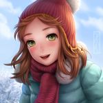  :d beanie blush brown_hair cloud coat day fur_trim green_eyes hat kotikomori open_mouth original outdoors red_scarf scarf sky smile solo teeth tree upper_body winter_clothes winter_coat 