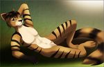  animal_genitalia anthro feline looking_at_viewer male mammal navel nude penis sheath sierraex simple_background smile solo stripes tiger 
