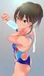  blush competition_swimsuit cosplay double_bun earrings food green_eyes highres idolmaster idolmaster_cinderella_girls idolmaster_cinderella_girls_starlight_stage jewelry looking_at_viewer nitta_minami nitta_minami_(cosplay) one-piece_swimsuit popsicle q_(ed69) shibuya_rin solo swimsuit towel 