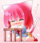  1girl animal_ears animal_tail artist_request blush cat_ears cat_tail chibi cum cum_in_pussy kneeling no_panties penetration pink_hair short_hair solo tail translation_request vaginal 