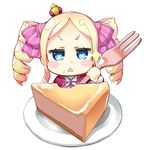  beatrice_(re:zero) blonde_hair blue_eyes blush blush_stickers cake capelet cheesecake chibi commentary_request crown dress drill_hair ekakibito food food_on_face fork fur_trim hair_ribbon highres long_hair long_sleeves looking_at_viewer mini_crown open_mouth re:zero_kara_hajimeru_isekai_seikatsu ribbon simple_background solo symbol-shaped_pupils triangle_mouth twin_drills twintails white_background 