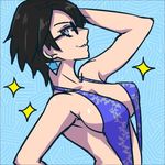  1girl akairiot bare_shoulders bayonetta bayonetta_(character) bayonetta_2 bikini black_hair cleavage fang from_side glasses grin hat light_smile long_hair looking_at_viewer portrait short_hair sideboob sling_bikini sunglasses swimsuit tagme upper_body 