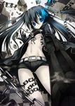  arm_cannon bikini_top black_hair black_rock_shooter black_rock_shooter_(character) blue_eyes burning_eye chain coat long_hair midriff navel nozomi_tsubame pale_skin scar shorts solo twintails weapon 