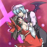  1girl bat_wings black_hair blush bow genderswap genderswap_(ftm) hakurei_reimu hat hetero koraku_gekki long_hair remilia_scarlet short_hair touhou wings 