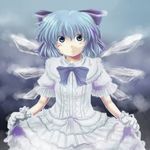  alternate_costume bad_id bad_pixiv_id blue_eyes blue_hair blush bow cirno curtsey dress embarrassed frills gloves hair_bow kakkou lace lolita_fashion short_hair skirt_hold solo touhou wings 