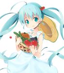  ahoge aikei_ake aqua_eyes aqua_hair bad_id bad_pixiv_id basket blush bow cucumber dress food hat long_hair open_mouth original pumpkin simple_background smile solo sun_hat tomato twintails vegetable very_long_hair 