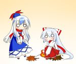  blush commentary_request fire fujiwara_no_mokou gradient gradient_background hat kamishirasawa_keine kazeha_(starrysky) long_hair multiple_girls o_o scarf smile touhou tree_stump 