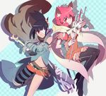  animal_ears asymmetrical_clothes bad_id bad_pixiv_id bandage_over_one_eye black_hair cat_ears cloak gauntlets miyata_ryuuichi multiple_girls navel orange_eyes original pink_hair purple_eyes short_hair short_shorts shorts sword thighhighs weapon wrist_cuffs 