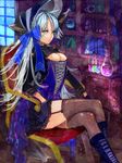  book bookshelf boots bow breasts bubble chair cleavage corset crossed_legs fantasy flask garter_straps gloves hat highres knee_boots lips long_hair medium_breasts original silver_hair sitting solo soono_(rlagpfl) star test_tube thighhighs very_long_hair window yellow_eyes 