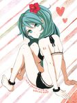  aqua_eyes aqua_hair arm_support back bad_id bad_pixiv_id barefoot bikini flower food_themed_hair_ornament from_behind hair_flower hair_ornament hairclip hatio7 hatsune_miku hibiscus long_hair looking_back sitting solo spring_onion spring_onion_hair_ornament swimsuit vocaloid 