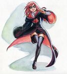  akatsuki_(naruto) black_legwear cloak glasses karin_(naruto) legs long_sleeves mitama_(undergroundboym) naruto_(series) naruto_shippuuden open_mouth red_eyes red_hair running shorts solo spoilers sweatdrop thigh_gap thighhighs traditional_media watercolor_(medium) wide_sleeves 