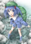  backpack bad_id bad_pixiv_id bag blue_eyes blue_hair blush bon boots from_above hair_bobbles hair_ornament hat kawashiro_nitori key legs open_mouth perspective river rock rubber_boots short_hair shorts smile solo touhou twintails two_side_up wading water 