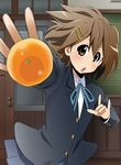  brown_eyes brown_hair food fruit hirasawa_yui k-on! nukunuku orange school_uniform short_hair solo 