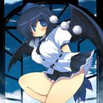  alternate_color arms_behind_back black_hair blue_eyes blush breasts cloud fan hat large_breasts looking_at_viewer night sakaki_(noi-gren) shameimaru_aya short_hair skirt sky solo star_(sky) starry_sky thighs tokin_hat touhou window wings 