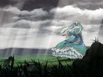  aqua_hair cloud dress field flower from_behind grass hane_wa_nai_kedo_watashi_wa_toberu_(vocaloid) hatsune_miku landscape light_rays long_hair medieval sky solo sunbeam sunlight twintails vocaloid watari_taichi wind 