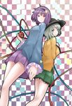  aqua_eyes back-to-back bad_id bad_pixiv_id bon checkered checkered_background eyeball foreshortening hairband hands hat hat_ribbon heart komeiji_koishi komeiji_satori legs multiple_girls purple_hair red_eyes ribbon short_hair siblings silver_hair sisters touhou 