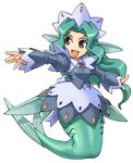  :d artist_request fins gills green_hair head_fins headdress kneeling long_hair long_sleeves looking_to_the_side mermaid monster_girl no_nose official_art open_mouth outstretched_arms pointy_ears puffy_sleeves red_eyes simple_background smile solo spread_arms summon_night white_background 