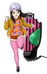  argyle beanie brown_eyes brown_hair hat hikari_natsumi jacket kamen_rider kamen_rider_dcd kamen_rider_decade legs legwear_under_shorts long_hair open_mouth pantyhose pink_legwear running shorts striped sweater uraharukon vertical_stripes 