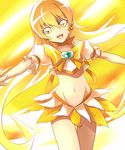  blonde_hair bow choker cure_sunshine heart heartcatch_precure! kazuki_sanbi long_hair magical_girl midriff myoudouin_itsuki navel open_mouth orange_choker outstretched_arms precure skirt smile solo spread_arms transformation yellow yellow_bow yellow_eyes 